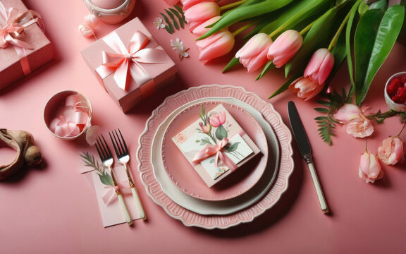 Mother's Day concept. Top view photo of heart shaped plate fork knife stylish gift boxes with ribbon bows and tulips on isolated pastel pink background with copyspace.