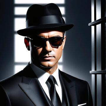 Retrato agente secreto con traje negro sombrero y gafas de sol