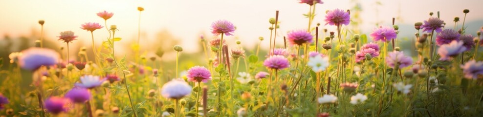colorful flowers in a field with sunlight in the background.