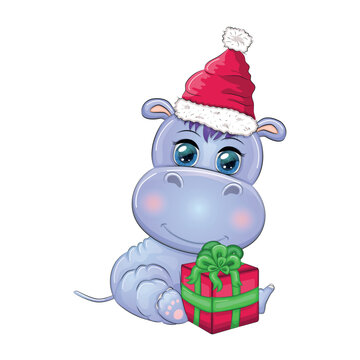 Cute cartoon hippo in Santa hat with gift, Christmas ball and candy cane. New Year and Christmas