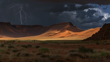 Fototapeta na wymiar Desert Fury: Thunderstorm Over Sand Dunes