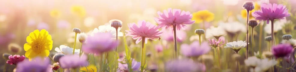 Gordijnen colorful flowers in a field with sunlight in the background. © olegganko