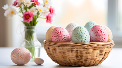 background to celebrate easter time easter bunny among multicolored eggs pastel shades and space for text