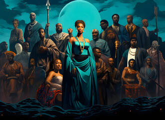 3D illustration of a beautiful african american woman surrounded by a group of people background. Black history month