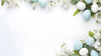 background to celebrate easter flowers and decorated eggs there is room for text neutral and very white backgrounds