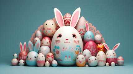 Fototapeta na wymiar background to celebrate easter time easter bunny among multicolored eggs pastel shades and space for text