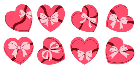 Collection of heart-shape gift boxes with bows, top view. Modern flat vector illustration