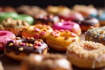 Colorful bakery and pastry background. Colorful and delicious donuts with various flavors, cream, and chocolate. Generative AI
