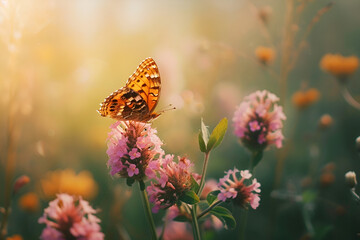 Butterfly on flower in sunlight