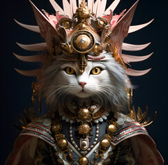 Fototapeta premium Cute cat in knight costume on dark background. Fantasy animal