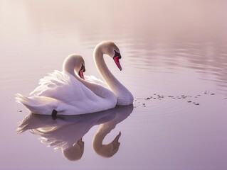 Two white swans form a heart shape with their necks on a tranquil lake, reflecting a romantic serenity