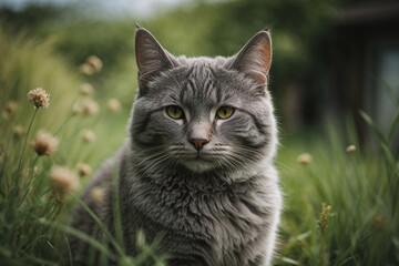 Naklejka na ściany i meble grey cat portrait in the grass