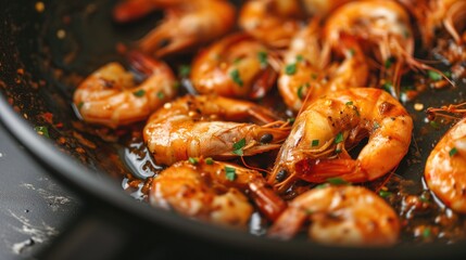 Close-up of juicy sautéed shrimp in a savory garlic herb sauce, garnished with fresh herbs in a pan