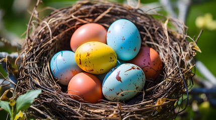 background to celebrate easter season decorated eggs placed in the garden on a sunny day