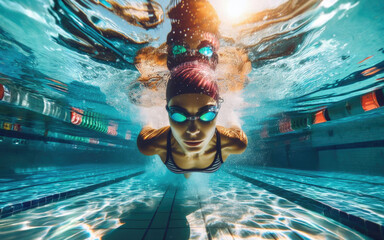 Woman Swimming Freestyle. Under water shoot of a woman swimming freestyle in olympic pool - Powered by Adobe