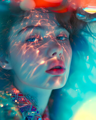 Chromatic Beauty: Close-Up of Stunning Woman Enhanced with Striking Blue and Red Color Effects - A Fusion of Vibrant Hues Creating a Mesmerizing Portrait - Generative AI