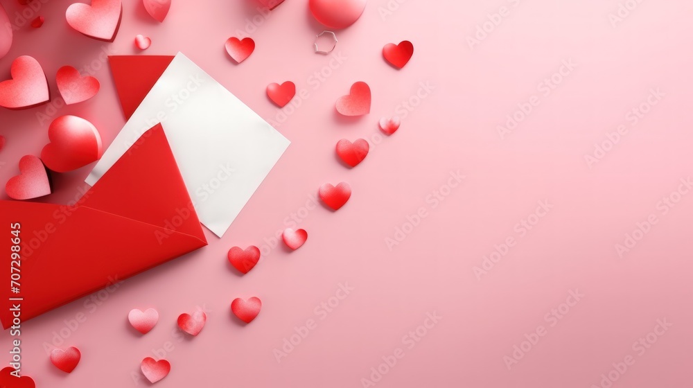 Poster Empty white paper blank in red envelope and various paper hearts on a pink background. Generative AI.