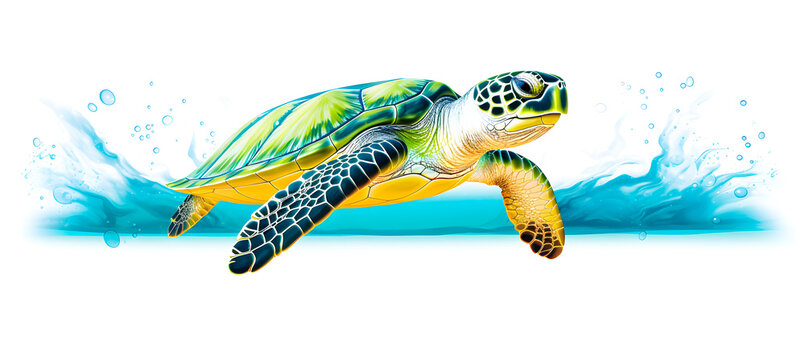 Green sea turtle swimming in blue ocean water isolated on white background. 3D illustration.