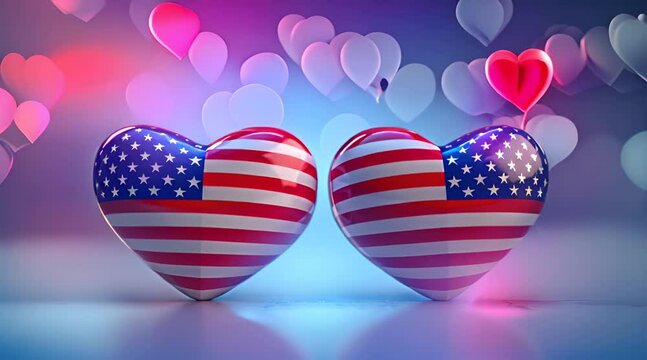 Two heart-shaped American flags side by side on a patriotic lights bokeh background.