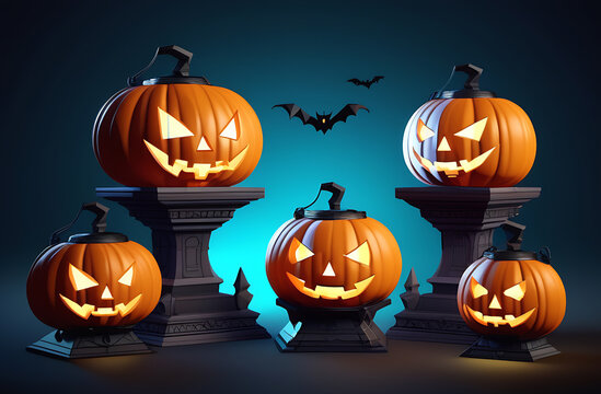 Halloween pumpkins on blue background. 3d render illustration.