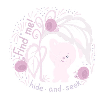 Illustration of baby rabbit standing under big plant, clothing eyes with paws and playing hide and seek. Print for kids clothes.