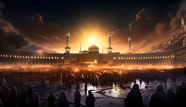 Illustration Muslim pilgrims from all over the world gathered to perform Umrah or Hajj at the Haram Mosque in Mecca, Saudi Arabia