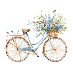 Fototapeta na wymiar Vintage bicycle with a basket of wildflowers isolated on white background, simple style, png 