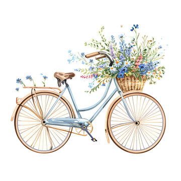Vintage bicycle with a basket of wildflowers isolated on white background, simple style, png
