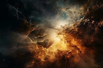 a space scene featuring a nebula and a galaxy filled with golden tones. Generative AI - obrazy, fototapety, plakaty