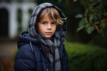 Portrait of a little boy in a blue jacket and gray scarf.