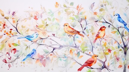 Watercolor painting of birds on a tree branch. Spring background.