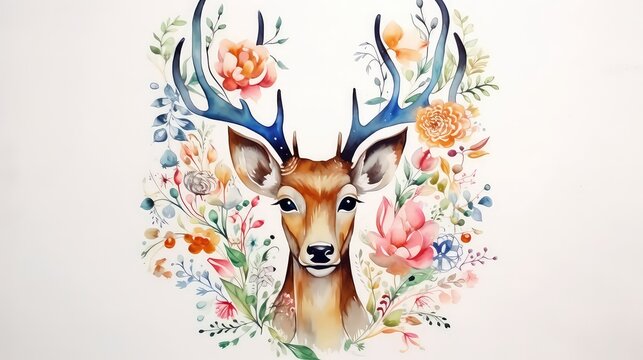 Watercolor cute deer with antlers and flowers.