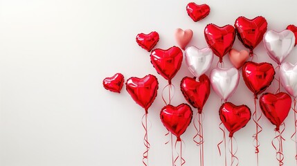 Valentine's day background with heart balloons, serpentine, confetti. Bunch of beautiful red, pink and white heart shaped balloons with ribbon isolated on white background