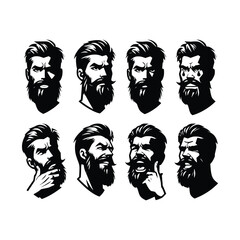 set of bearded man face hipster with various emotions vector silhouette black and white