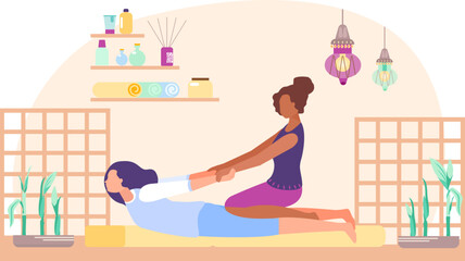 African American massage therapist stretching Caucasian client. Relaxing therapy session in peaceful spa setting. Wellness and body care vector illustration.