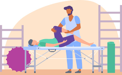 Female patient doing leg exercise with male physiotherapist assistance. Rehabilitation therapy session in clinic. Physical rehabilitation and recovery exercise vector illustration.