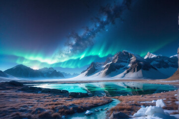 Aurora Borealis (Northen Lights) over Mountainscape and Reflective Lake