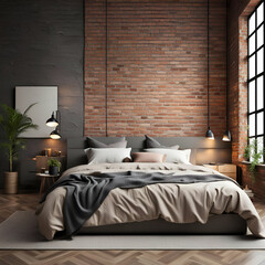 Loft interior design of modern bedroom with brick wall