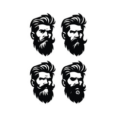 set of bearded man face hipster with various emotions vector silhouette black and white