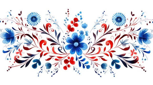 Watercolor floral ornament in Ukrainian folk style. Blue and red flowers and leaves.