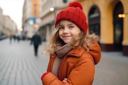 Portrait of a cute little girl in red hat and coat on the street