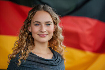 Portrait of a pretty young German woman in front of the German flag.
