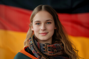 Portrait of a pretty young German woman in front of the German flag.
