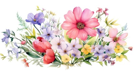 Watercolor bouquet of colorful spring flowers on white background.