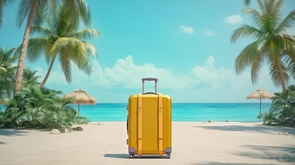 Papier Peint photo Lavable Turquoise Escape to paradise with a yellow suitcase resting on a sandy beach