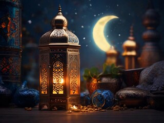 Fototapeta premium Muslim lamp and RAMADAN KAREEM on light background