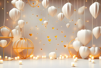Valentine's day background with golden hearts and bokeh lights