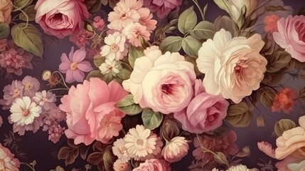 Floral vintage background with roses and chrysanthemums.
