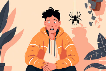 Uma pessoa com medo de aranha - Ilustração infantil colorida 2d