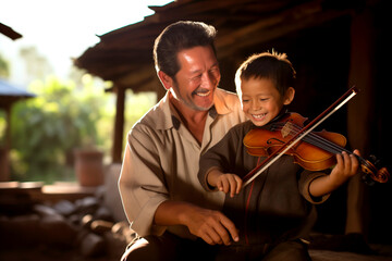 happy father teaching his son how to play the violin. Countryside lifestyle.